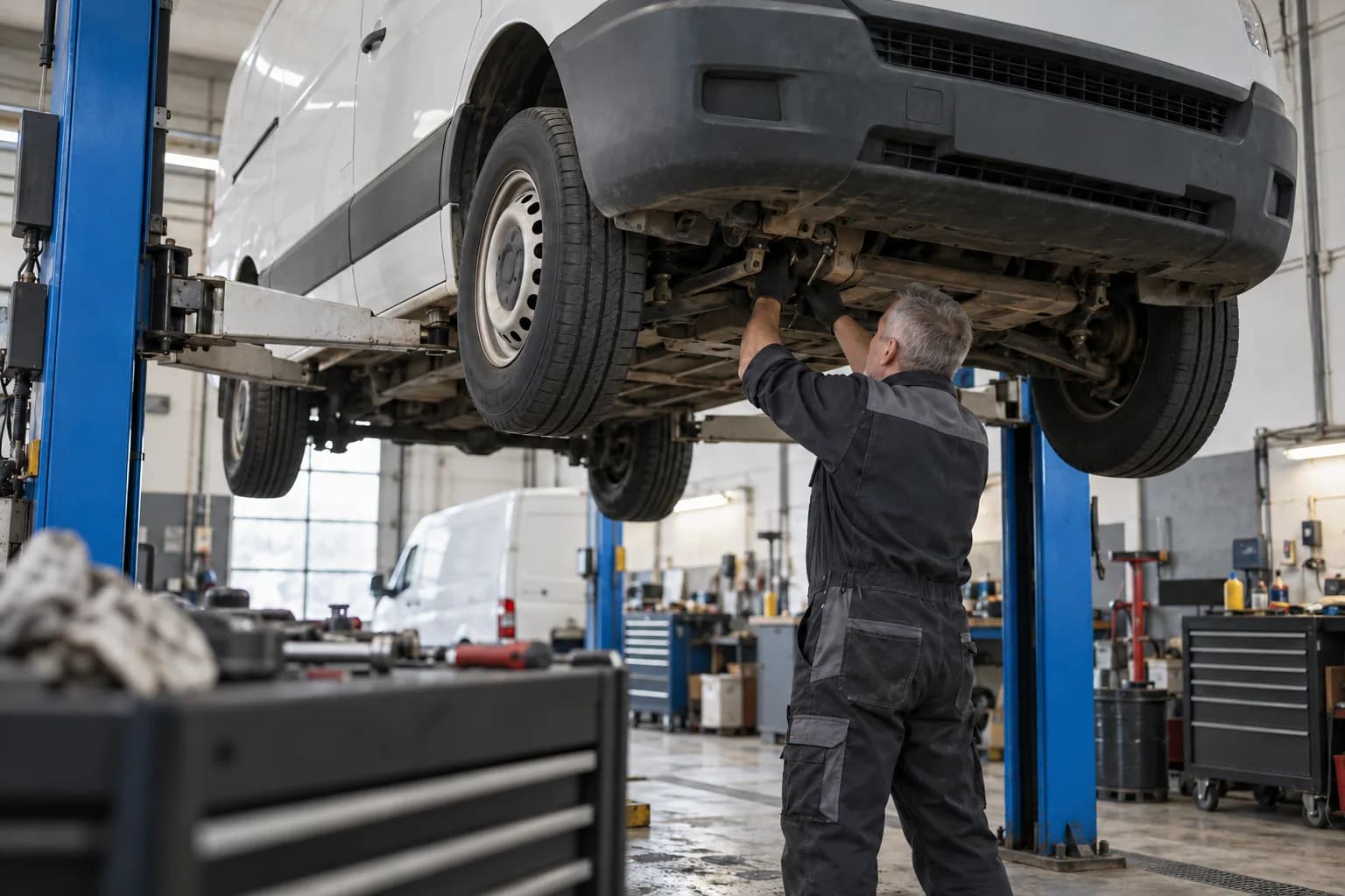 A mechanic working under a white van on a lift in a fleet workshop