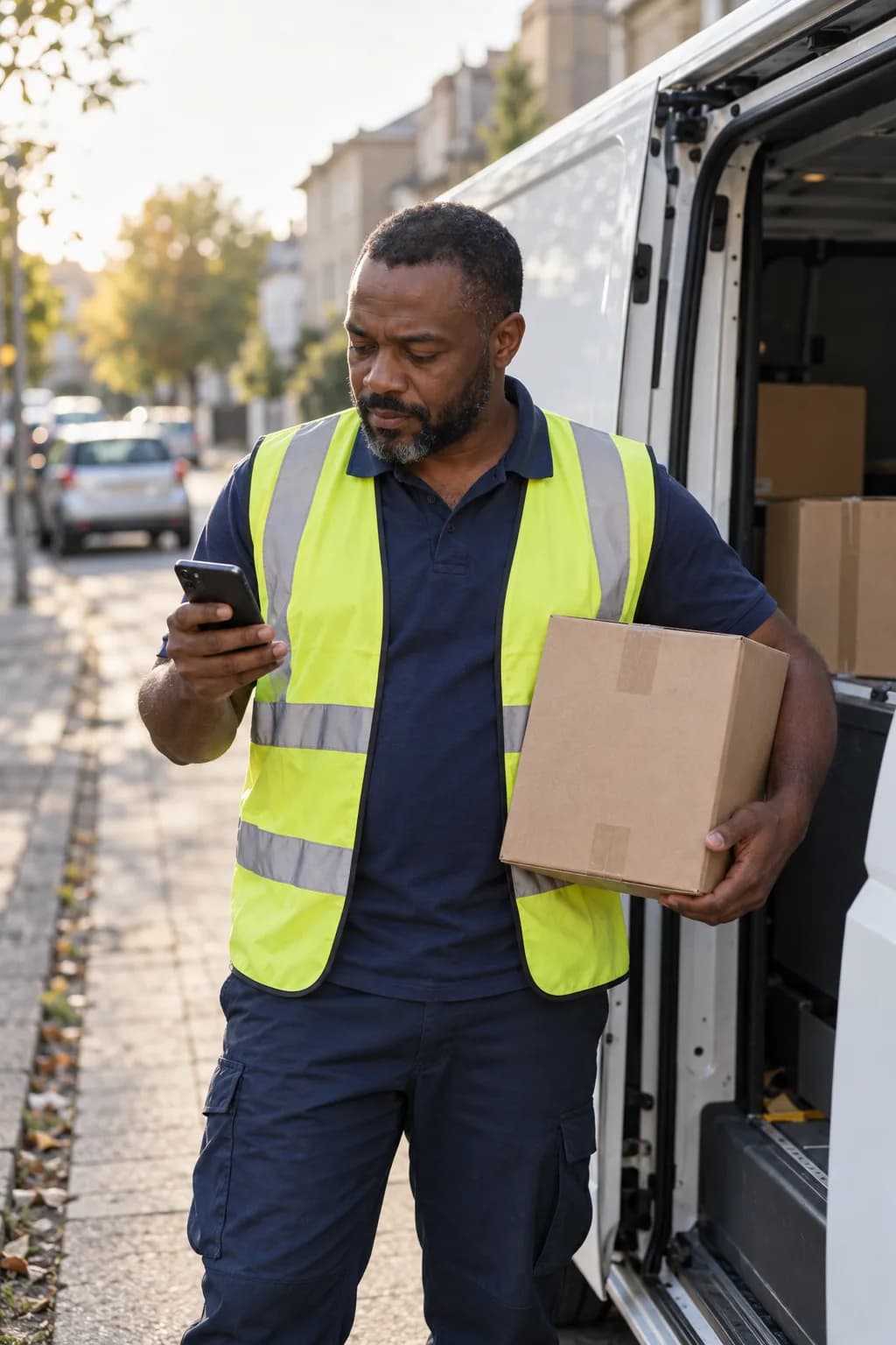 A delivery driver checking a phone at the open door of a van