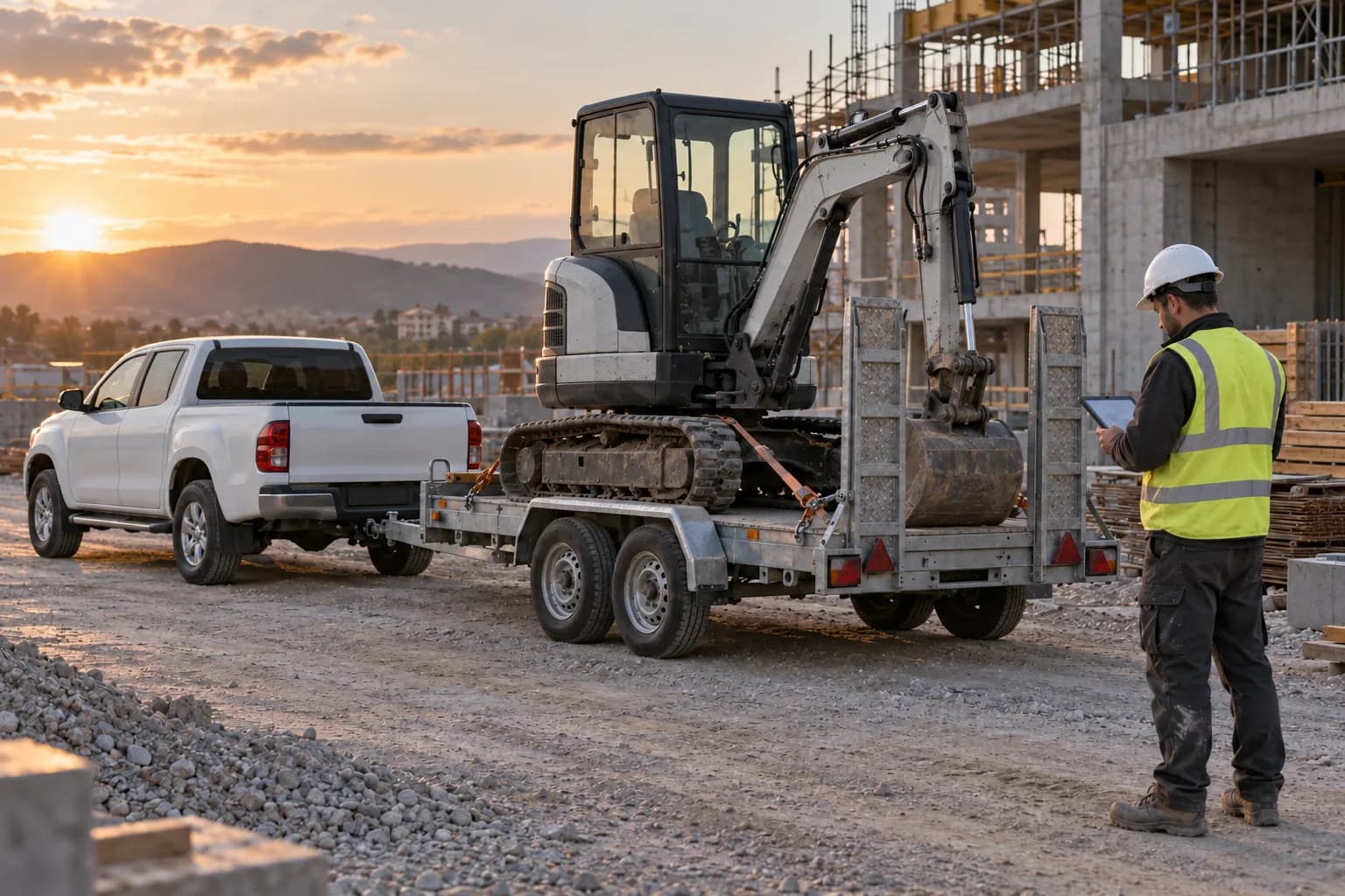 A compact excavator on a trailer at a construction site, with a site manager checking a tablet
