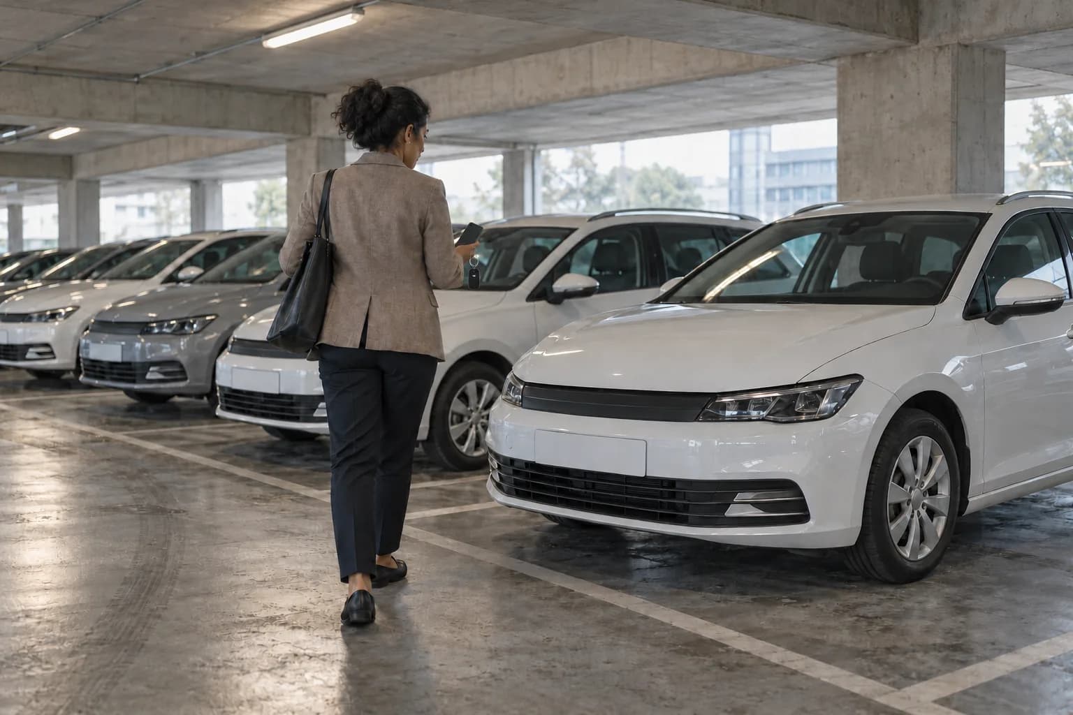 Pool cars in an office parking garage, with an employee walking to one of them