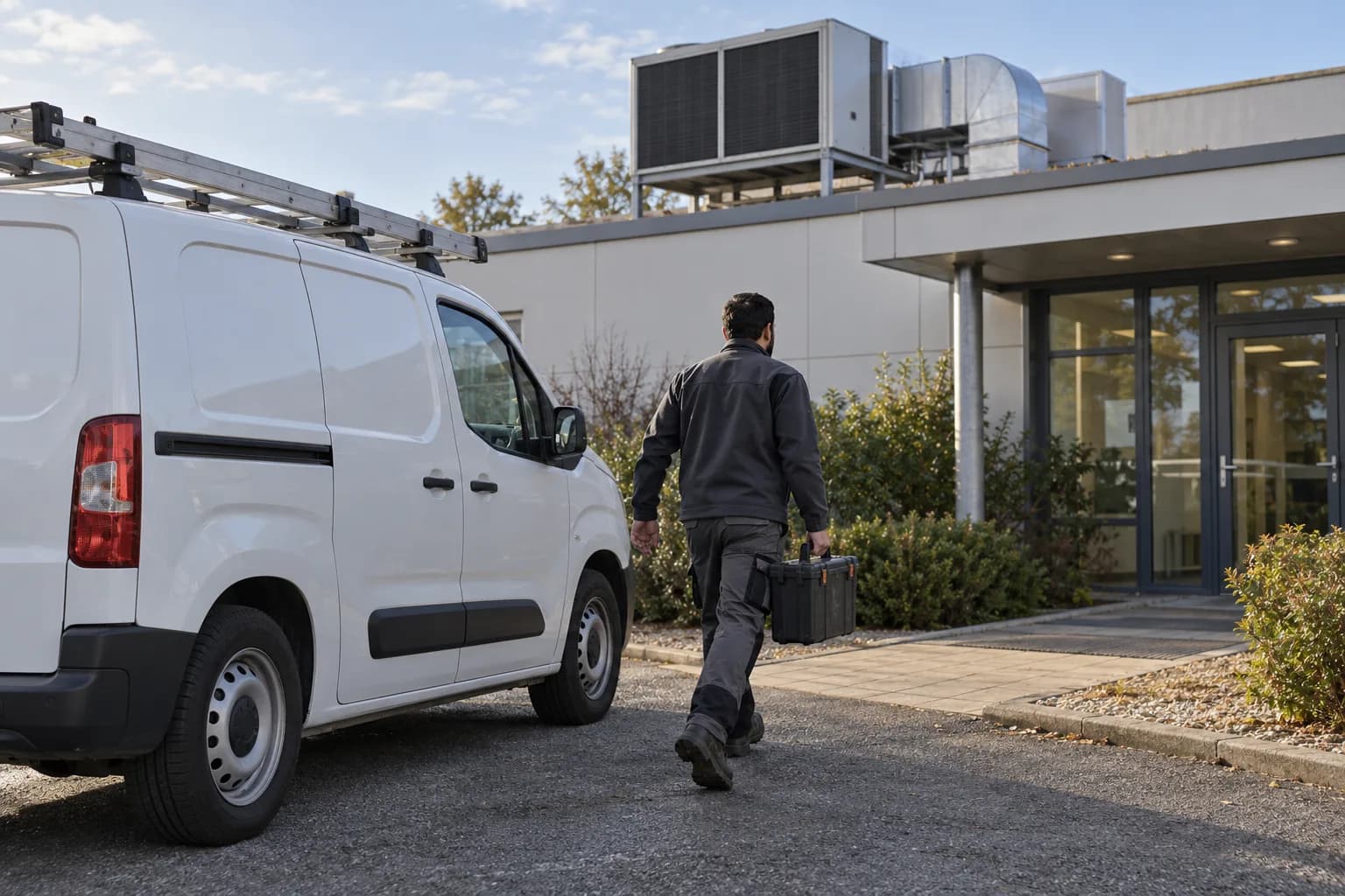 A technician with a tool case walking from a service van to a building
