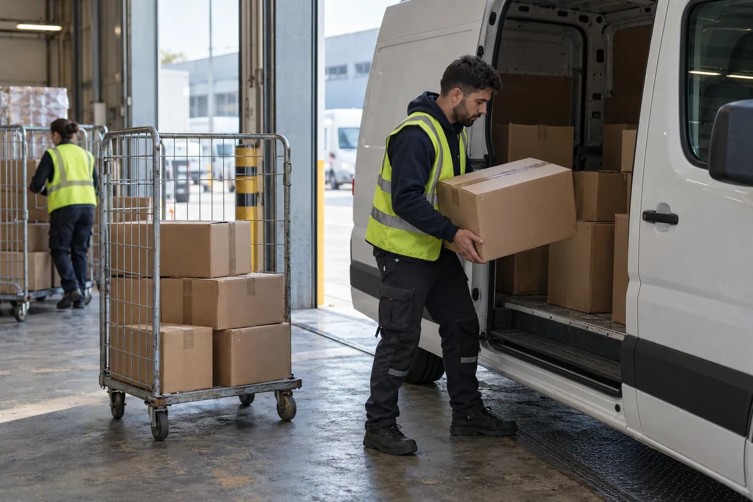 A courier unloading parcels from a van at a distribution center