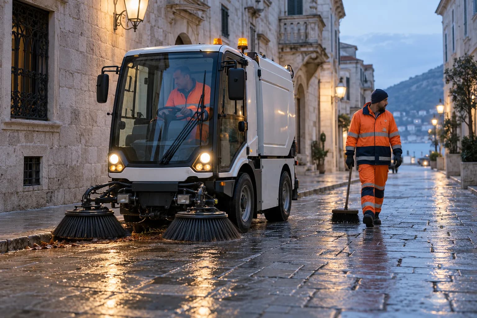 A municipal street-cleaning vehicle in an old-town street at dawn
