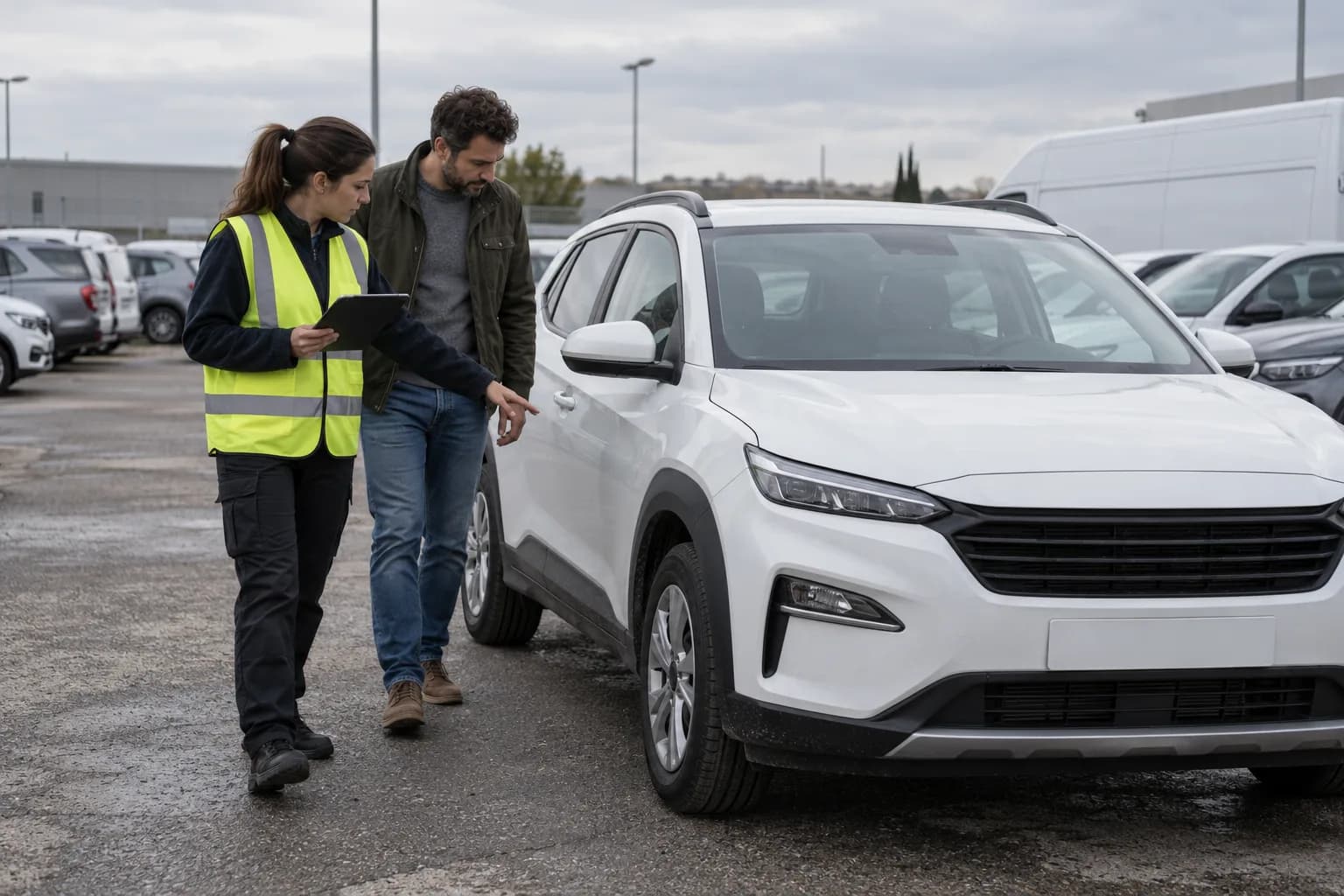 A vehicle handover check with a tablet at a rental lot