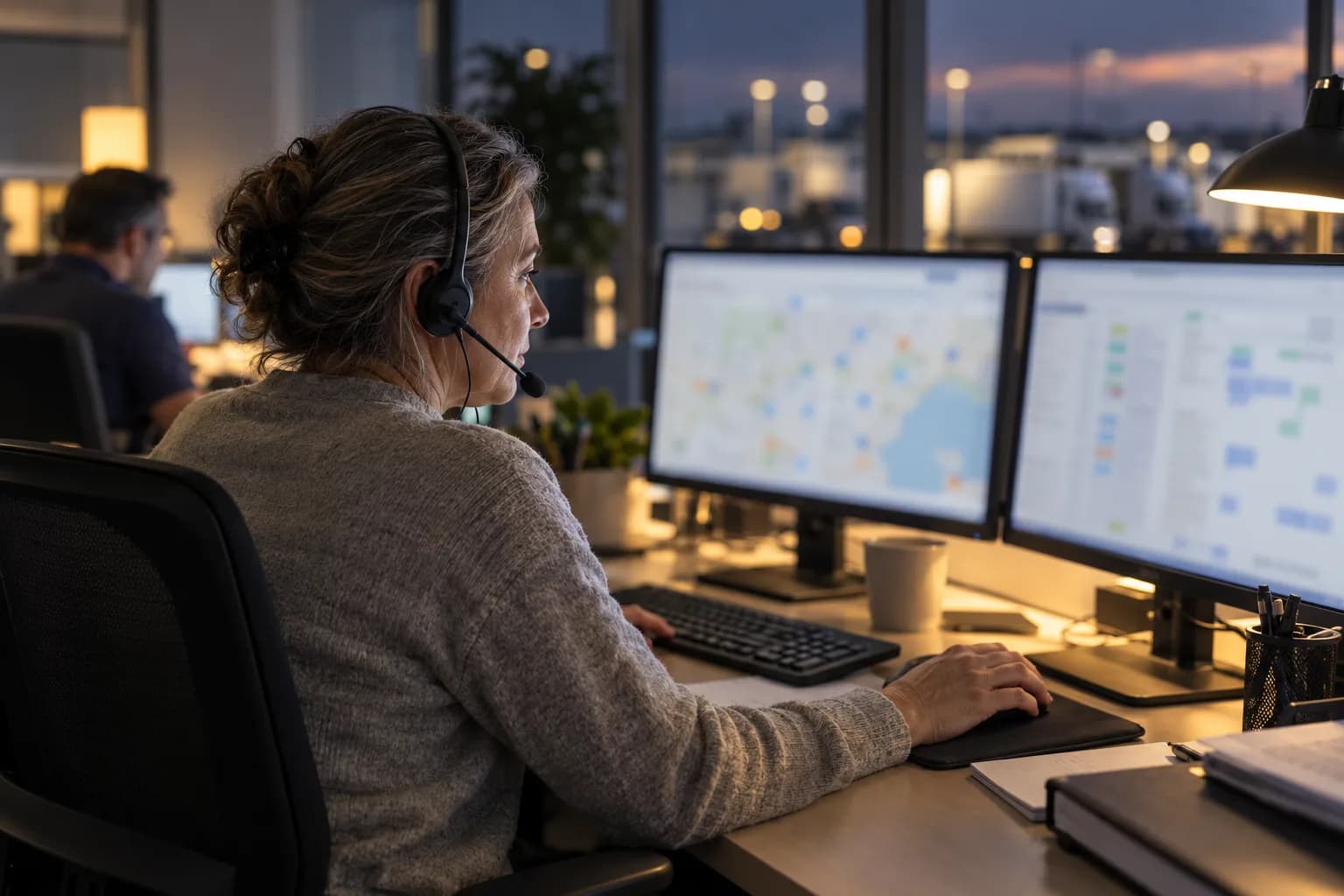 A dispatcher wearing a headset at a desk with two monitors
