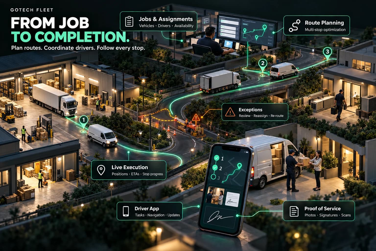 Dispatch illustration: jobs become a three-stop route, a driver app records proof of service and an exception is re-routed