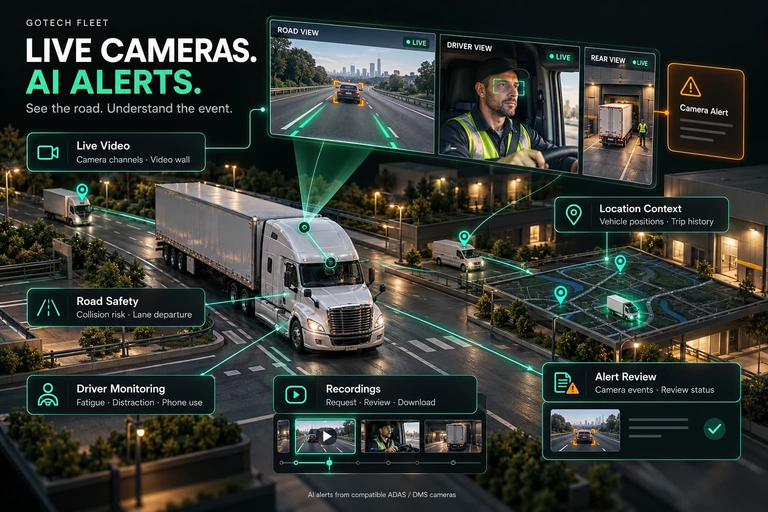 Live camera illustration: road, driver and rear views on a video wall above a truck, with a camera alert, recordings and a map